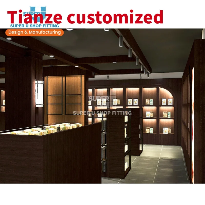 (customized)Custom Illuminated Brown Wooden Sweets Shop Display Furniture Services Bespoke Wall Chocolate Shop Interior Design f