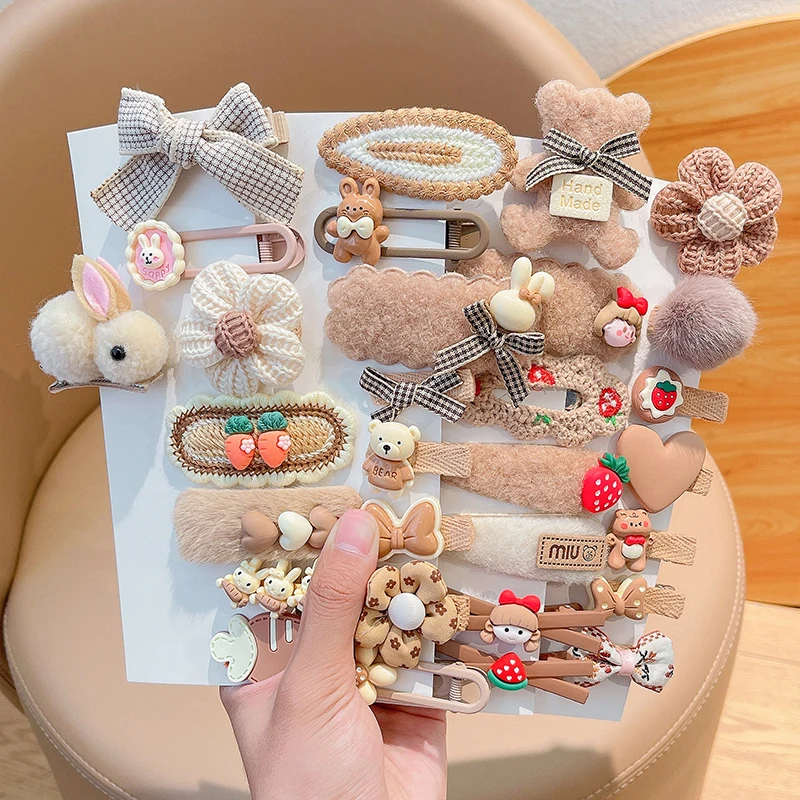 5/10/16 Pcs/Set Baby Girl Cute Plush Cartoon Flower Bow Hair Clips Children Coffee Color Lambswool Hairpins Kid Hair Accessories