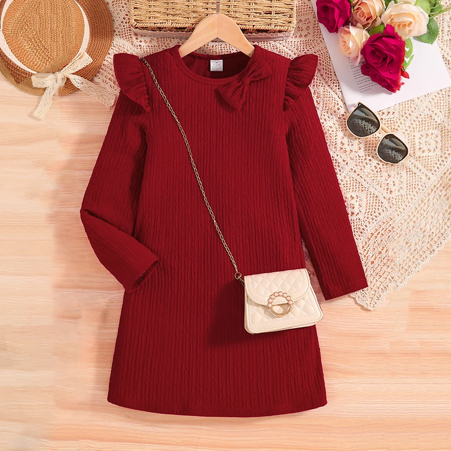 Girl\'s Autumn New Dress Casual Cute Red Knitted Dress Knee length Skirt Thin Breathable