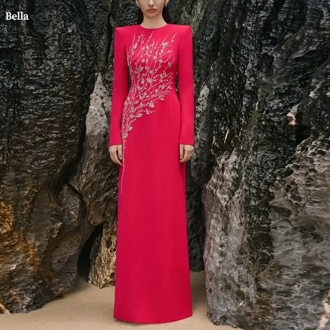 

Bella индивидуальное яркое красное платье с круглым вырезом и длинными рукавами, кристаллическая ветка, вышивка, платье для выпускного вечера, robes de soirée 2025