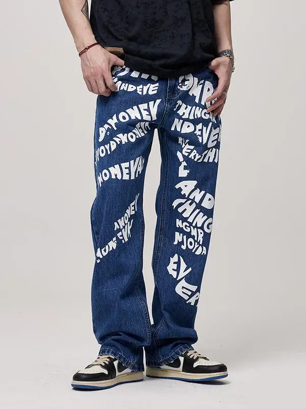 

American Casual High-End Printed Letter Pattern Jeans Men's Loose Straight Faionable High-Rise Long Trousers