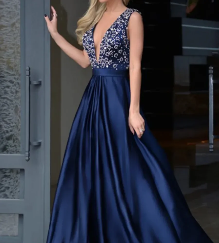 Vestido de graduación azul con manchas, elegante, largo hasta el suelo, sin mangas, 2023, Espalda descubierta, lentejuelas, cuentas de cristal, Formal, para fiesta