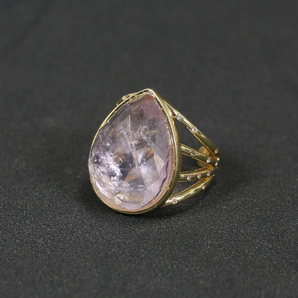 GuaiGuai Jewelry Real Gems Purple Amethyst Faceted Trillion shape Teardrop Ring Gold Plated Rings Adjustable For Lady Gifts