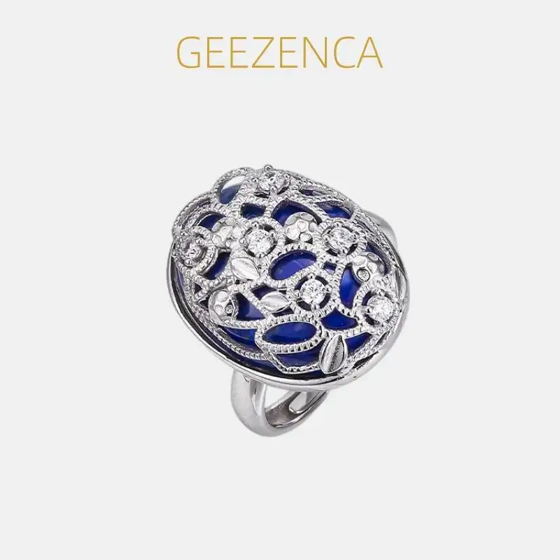 GEEZENCA 925 Silver Lapis Lazuli Cubic Zirconia Oval Chunky Open Ring Women Plant Trendy Wide Thick Statement Rings Love Gift