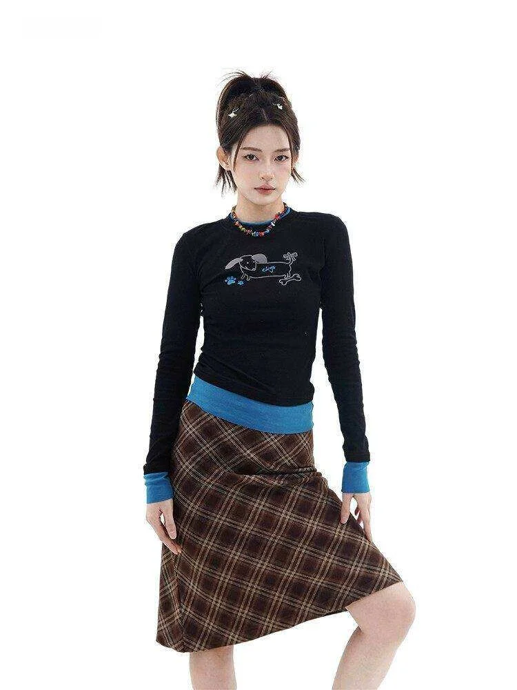 

High Waist Plaid Slimming A-Line Skirt Street Style Retro American Girl Spring Season Polyester Fiber Casual High Waist Skirt
