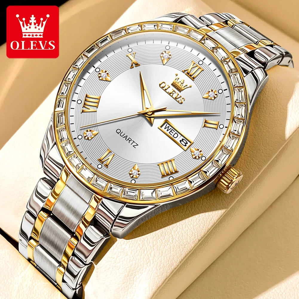 OLEVS 9906 Roman Scale Quartz Watch For Men Diamond Luxury Dual Calendar Man Wristwatch Waterproof Stainless Steel Watches 2024