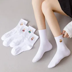 Socks Women's Autumn and Winter Kawaii Cartoon Cute Bear Japanese Cotton White Embroidery College Medium Socks