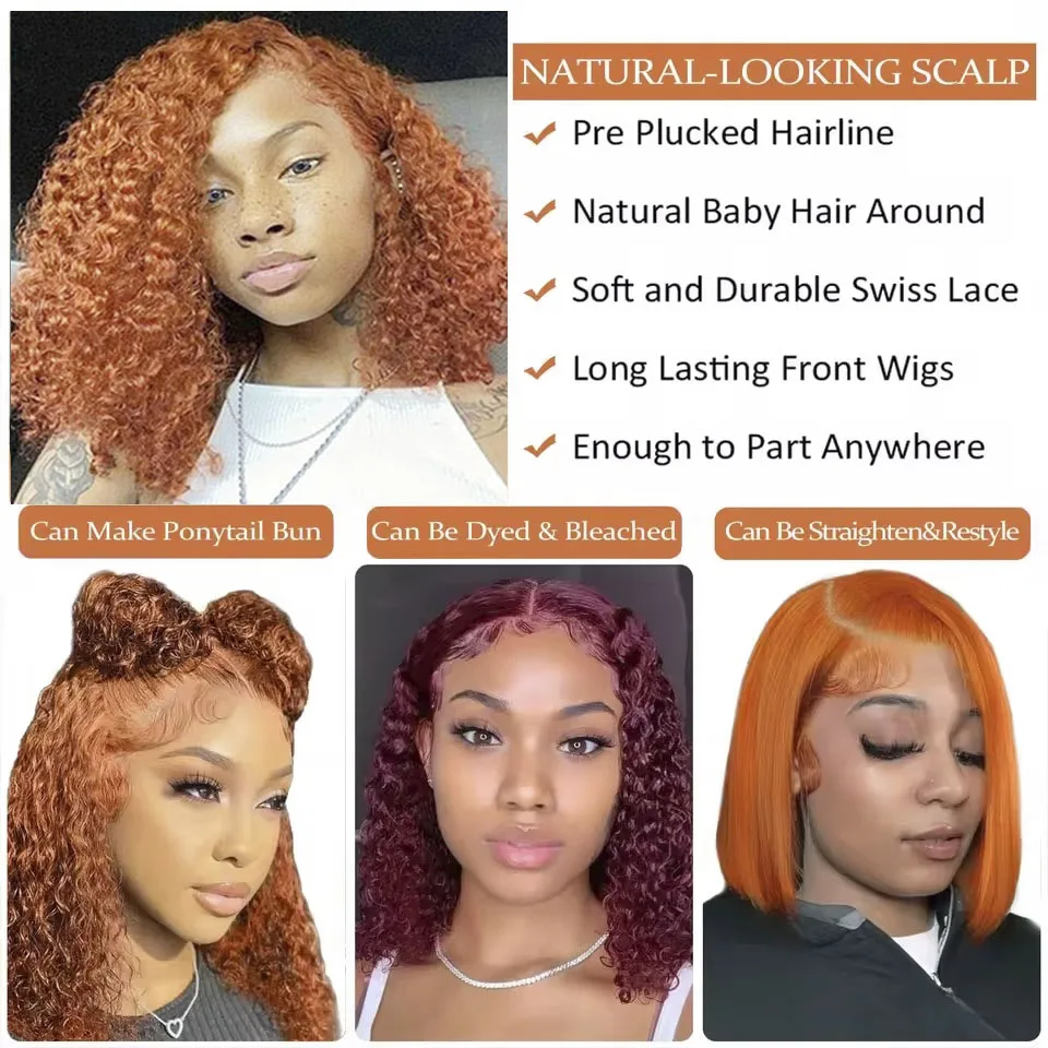 Ginger Orange Curly Bob Lace Front 180% Curly Bob Remy Pre Plucked With Baby Hair Brazilian Human Hair Wig Sale Human Wig