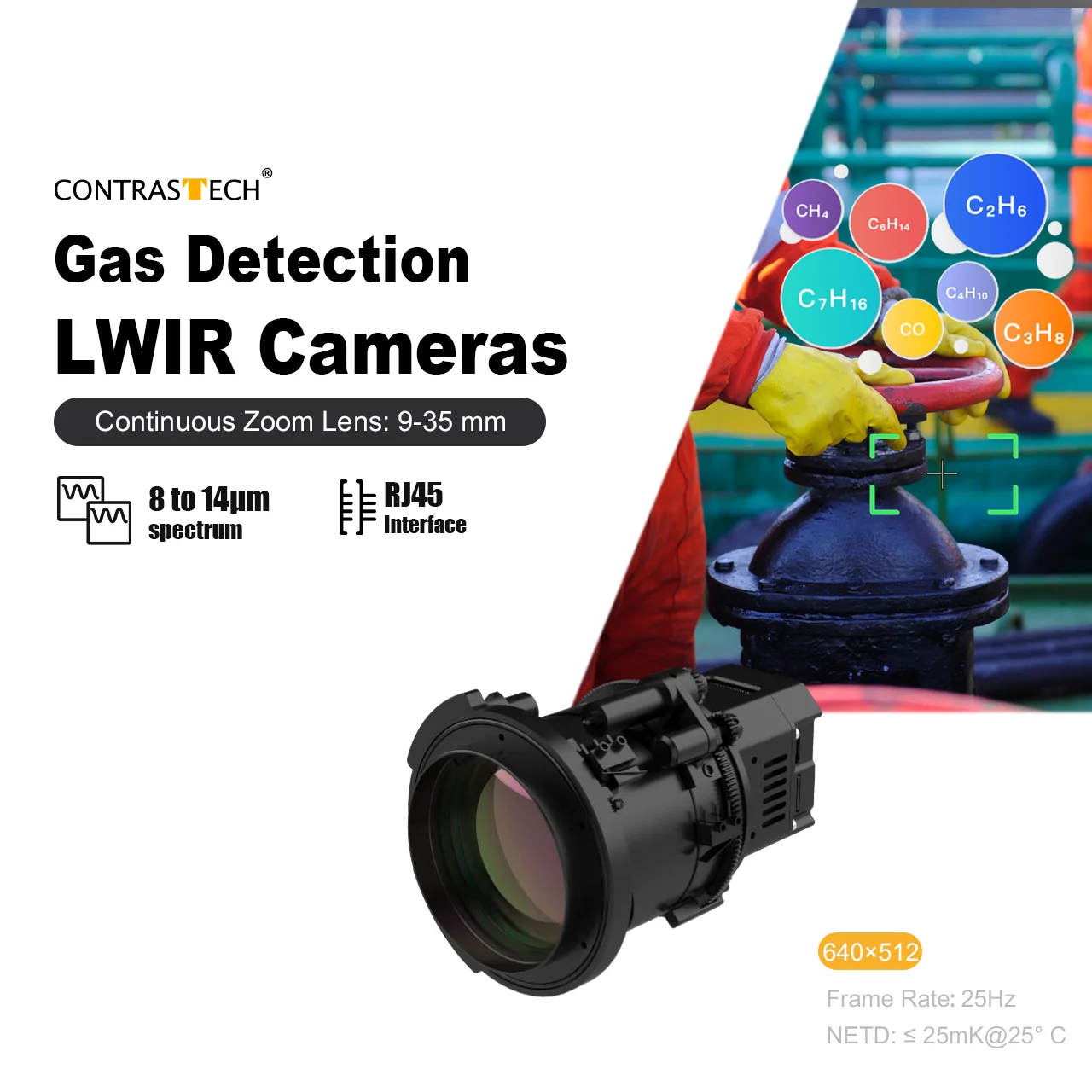 Uncooled 640x512 25kHz RJ45 9-35mm LWIR Infrared Thermal Gas Leakage Camera Core for Petrochemical Industry Contrastech