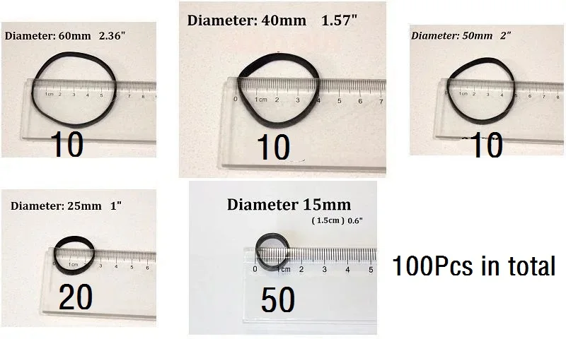 100 pezzi 5 dimensioni assortiti elastici neri elastici da imballaggio per l\'imballaggio