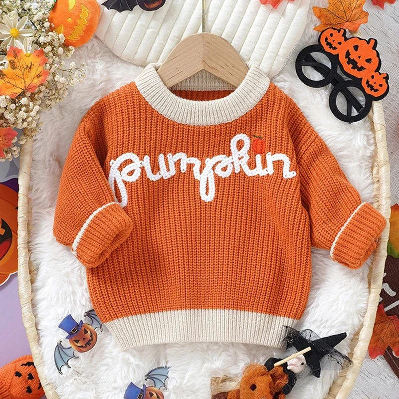

Cute Halloween Baby Sweater 0-3T Infant Toddler Pumpkin Embroidered Color Block Knit Top Kids Autumn Festive Costume