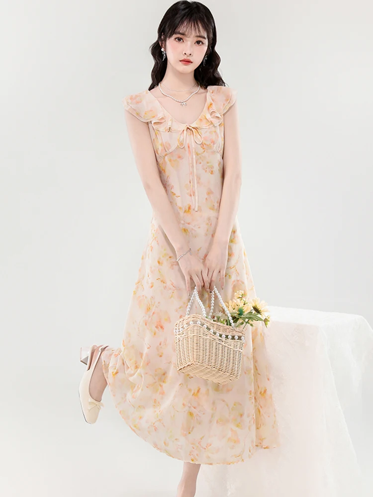 Vestido largo bohemio Floral de gasa con lazo y volantes para mujer, vestido largo elegante de lujo para Festival, vestidos informales ajustados coreanos 2025