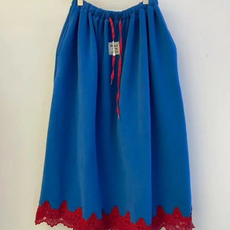 Womens Autumn Winter Korean Fashion Vintage Colour-Block Fleece-Lined Maxi Skirt Kawaii Lace Ruffle High Waist A-Line Long Skirt