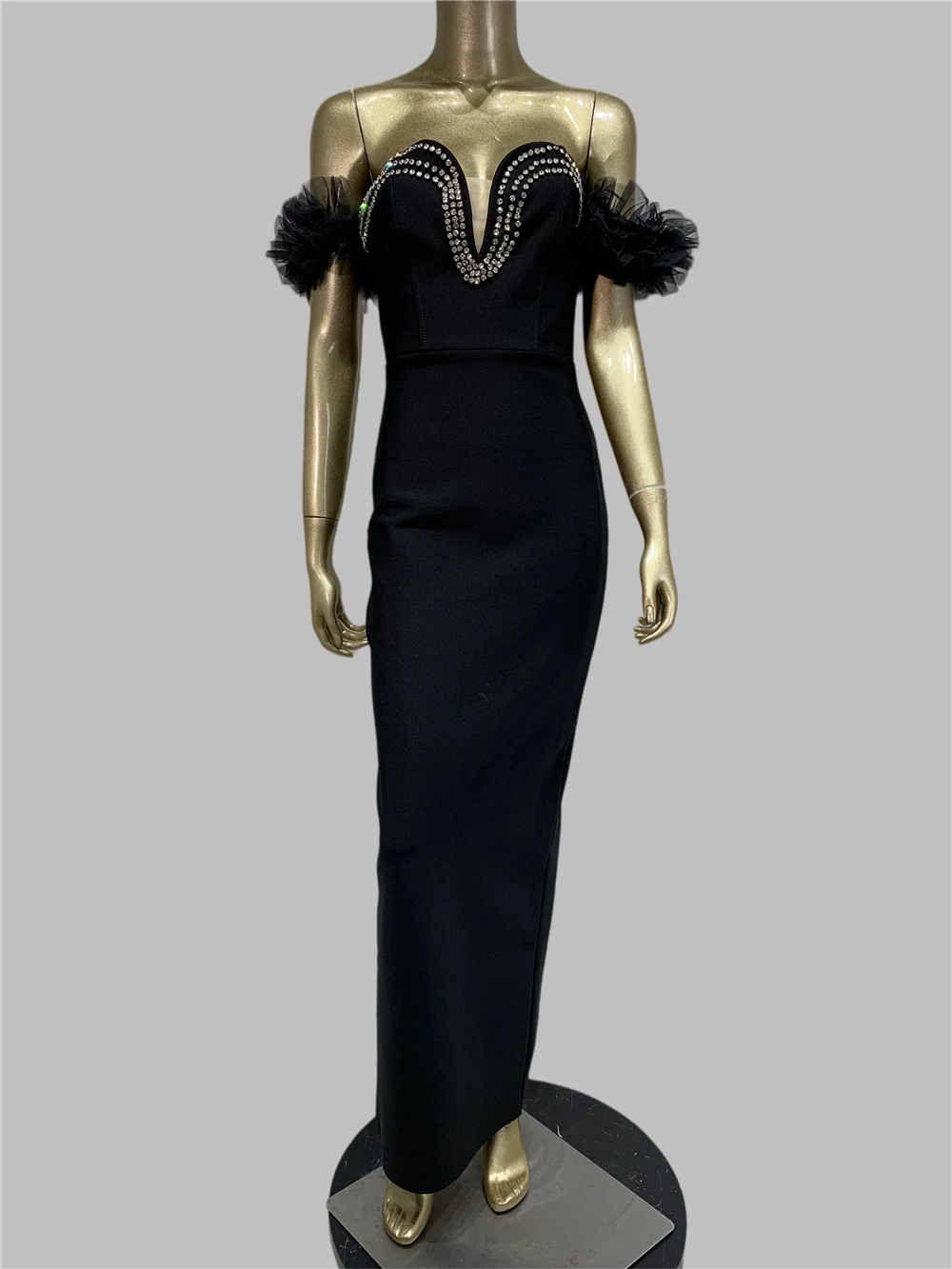 

Women Elegant Black Bandge Dress Strapless Deep Neck Off Shoulder Diamonds Long Celebrity Evening Party Gowns Guest Looking