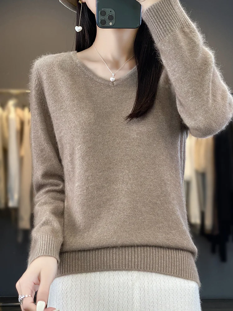 2024 New Women Basic V-neck Pullover Sweater 100% Mink Cashmere Long Sleeve Cashmere Knitwear Autumn Winter Odzież Damska Tops