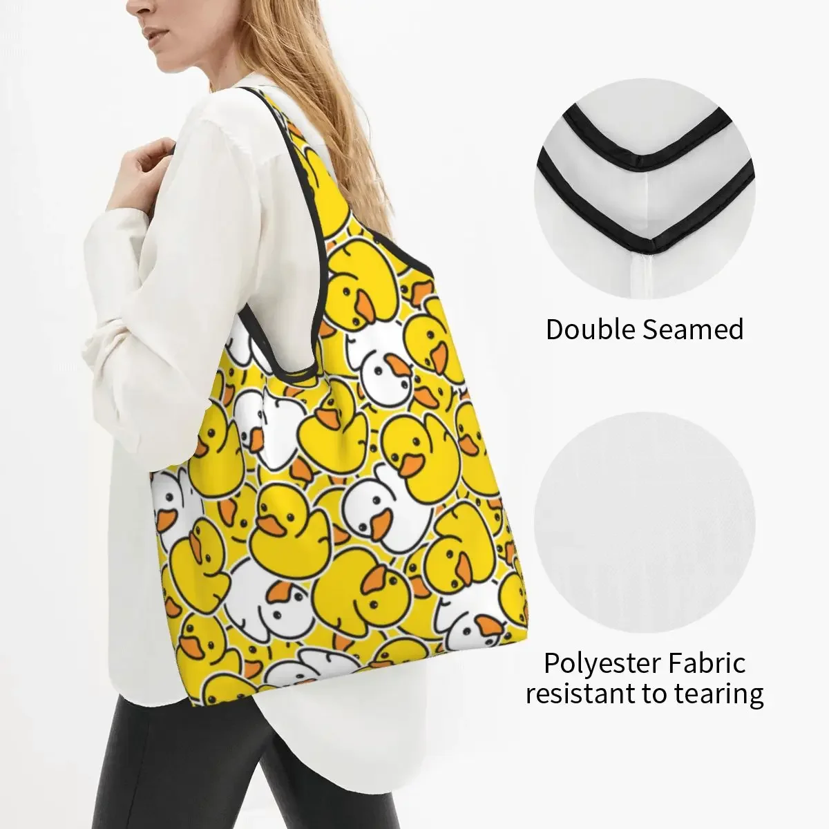 Reusable Cute Duck Ducky Cartoon Grocery Bag Foldable Machine Washable Animal Shopping Bags Large Eco Storage Bag Attached Pouch