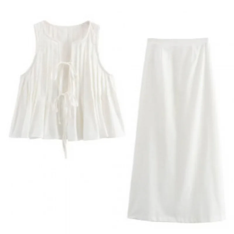 

2025Женская одежда в европейском и американском стиле, модная плиссированная хлопковая свободная короткая рубашка с высокой талией, повседневный комплект с юбкой