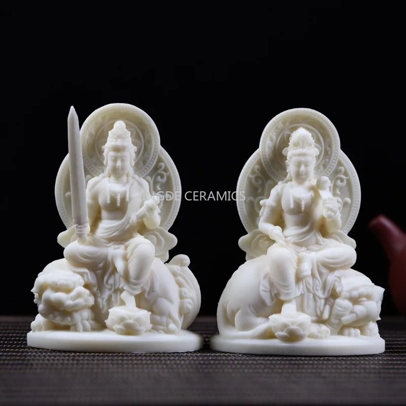 1pc Ivory Fruit Powder Buddha Statue Ornament Chinese Buddha Statue Home Decoration Manjusri Samantabhadra Bodhisattva Statue