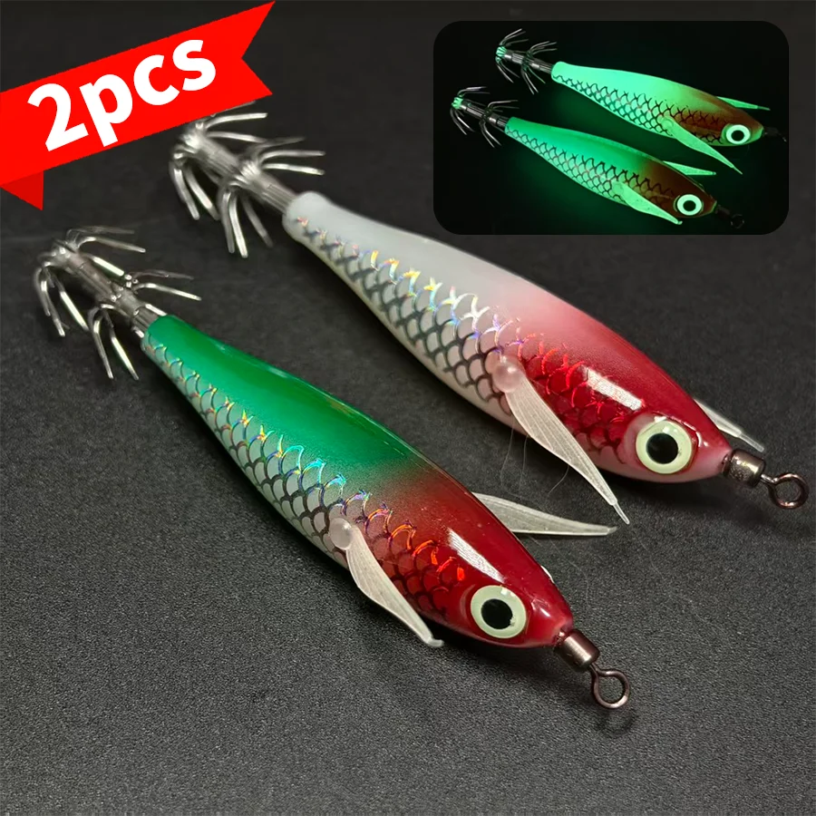 2 قطعة الصيد إغراء الحبار هوك 8 سنتيمتر 5.6 جرام كامل الجسم Noctilucent الخشب الروبيان المزدوج هوك صنع الضوضاء الصيد الطعم الصيد اكسسوارات