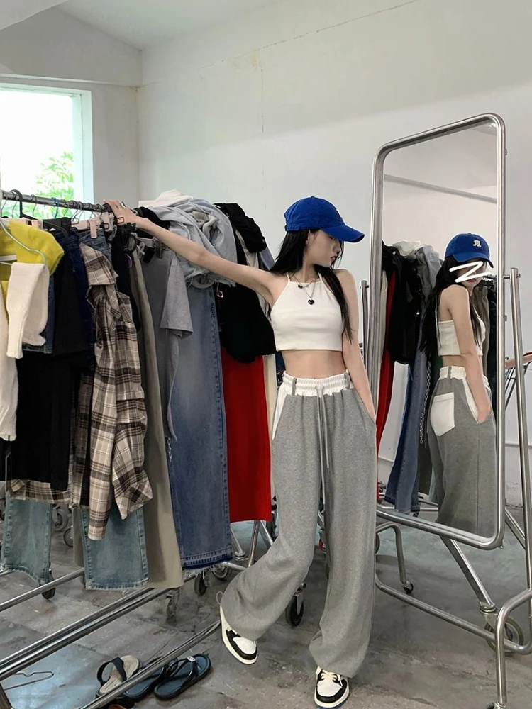 Women Vintage Gray Wide Leg Sweatpants Fall High Waist Loose Thin Drape Casual Pants Ins Trendy Athletic Trousers