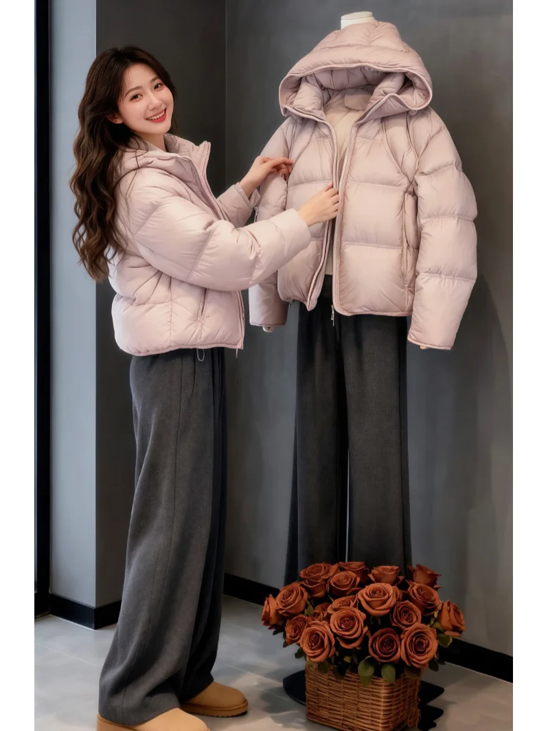 Winter Thickened Short Puffer Jacket Women's Fashionable Hooded Bread Style down Cotton Coat Warm Korean Loose Fit Zipper