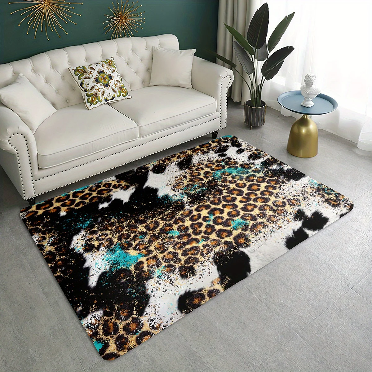 Leopard Cow Print Area Rug, Turquoise Animal Spotted Non Slip Floor Mat, Washable Living Room Bedroom Accent Carpet