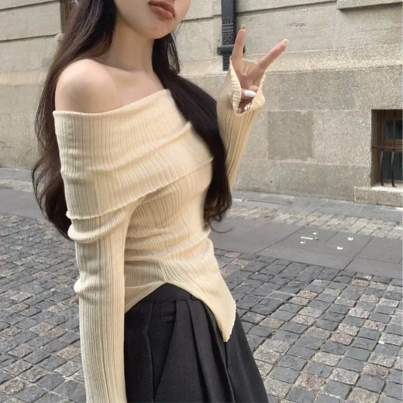 Women's Pullover Autumn Split Irregular Off Shoulder Top Black Long Sleeve Underlay Knitted Sweater For Women