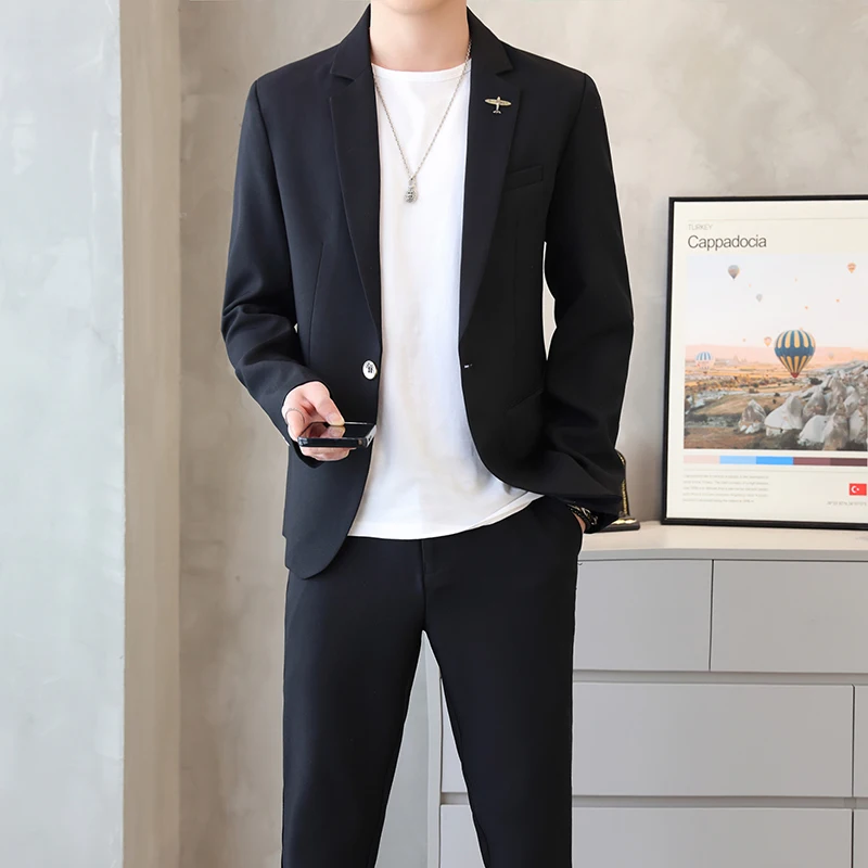 

2023 Fine men (suit + trousers) New high-end flat collar casual trend party fashion business trend solid color two-piece set