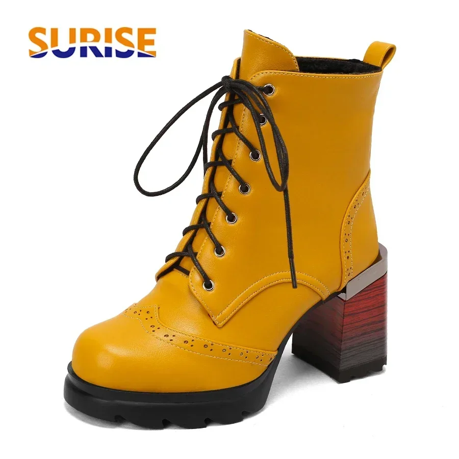 

Winter Women Ankle Platform Boots Yellow Black High Chunky Heels Round Toe Party Office Lady Lace-up Fretwork Plush Short Boots