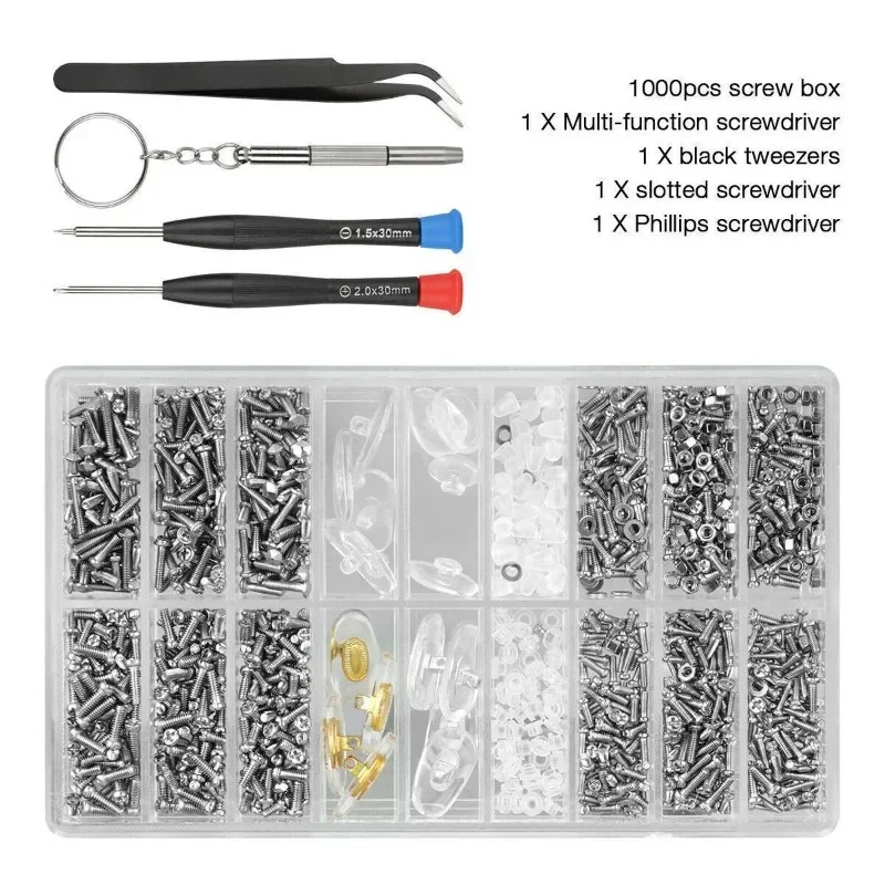 1004pcs Glasses Screws With Screwdriver Tweezers Repair Kit Mini Screws Washer Nut Screw Cap Nose Pad