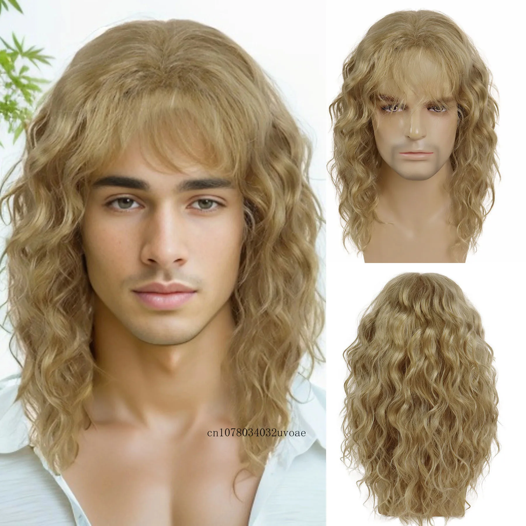 Synthetic Natural Mix Blonde Wig Long Curly Hair for Men Daily Use Layered Wig with Bangs Patient Gift Outfits Costume Party Wig