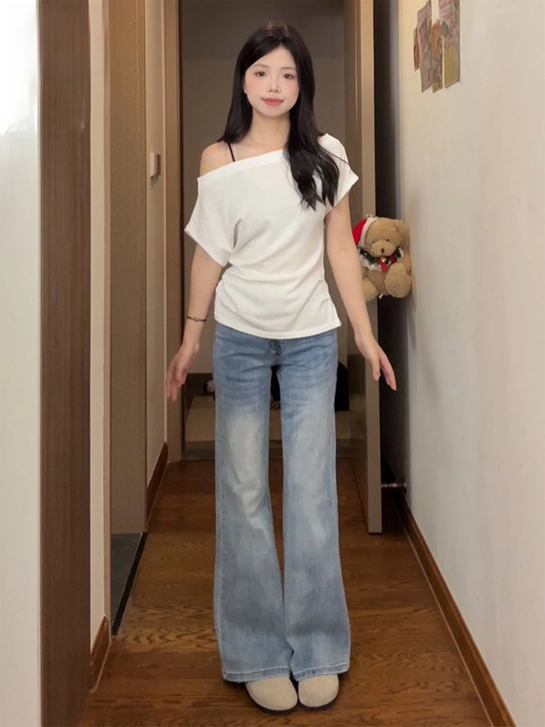 

Low Waist Bell Bottom Denim Jeans Women's Ice Blue American Style Slimming Long Trousers Spring Summer Casual Cotton Polyeste...