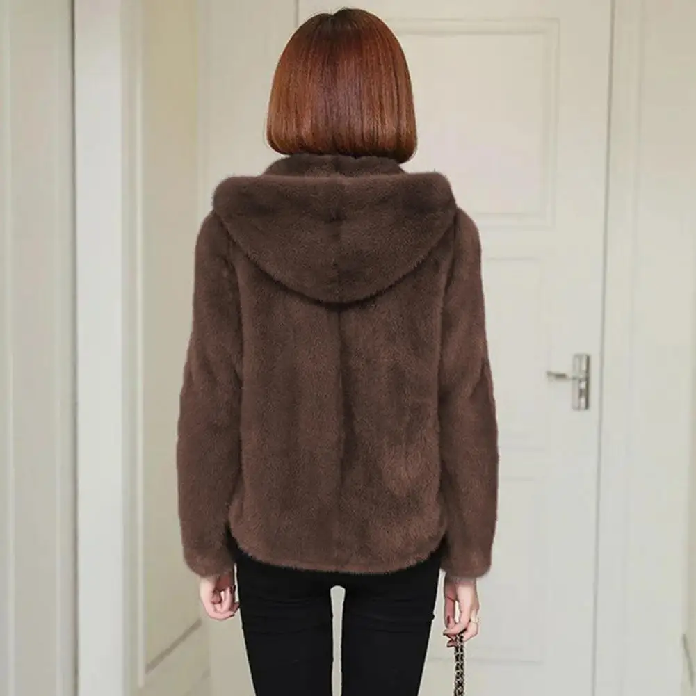 Zipper Hooded Jacket Cozy Plush Hooded Winter Coat for Women Double-sided Thick Long Sleeves Zipper Closure Cardigan Outerwear