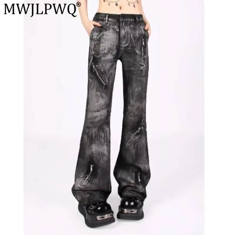 MWJLPWQ American-Style Distressed Gradient High Street Jeans Men's Niche Tie-Dye Multi-Zipper Washed Floor-Length Pants 20018