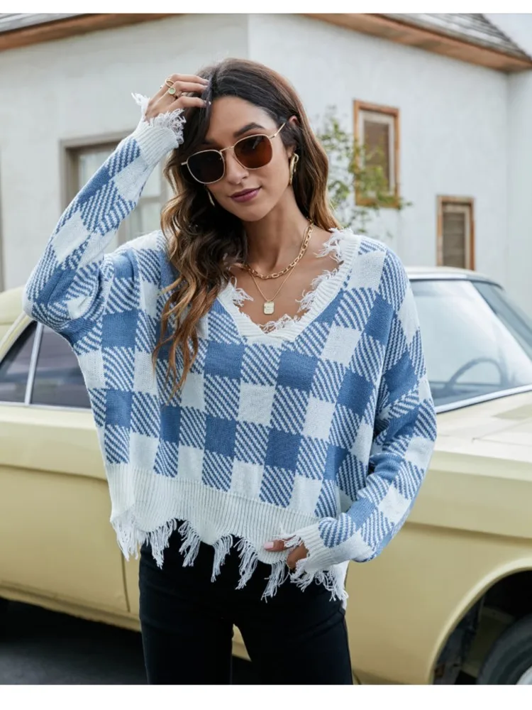 

Women's New Fashion Loose Short V-Neck Knitwear Tassel Trim Pullover Sweater Autumn Winter Casual Laziness Versatile Clothing