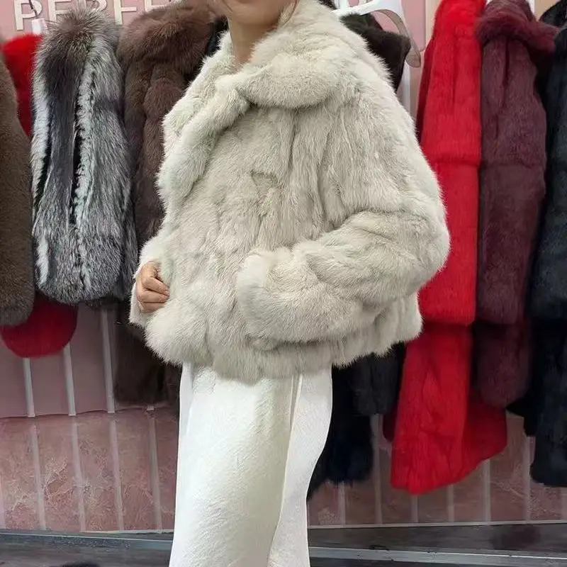 新スタイル レディース 冬用 暖かい ソフト 高品質 本物のレックスラビットコート レックスラビットファー ショートジャケット 大きな本物のフォックスファー襟付きオーバーコート Wh108