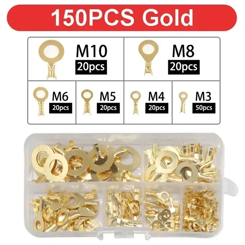 

M3/M4/M5/M6/M8/M10 Ring Lugs Eyes Copper Crimp Terminals Cable Lug Wire Connector Non-insulated Assortment Kit