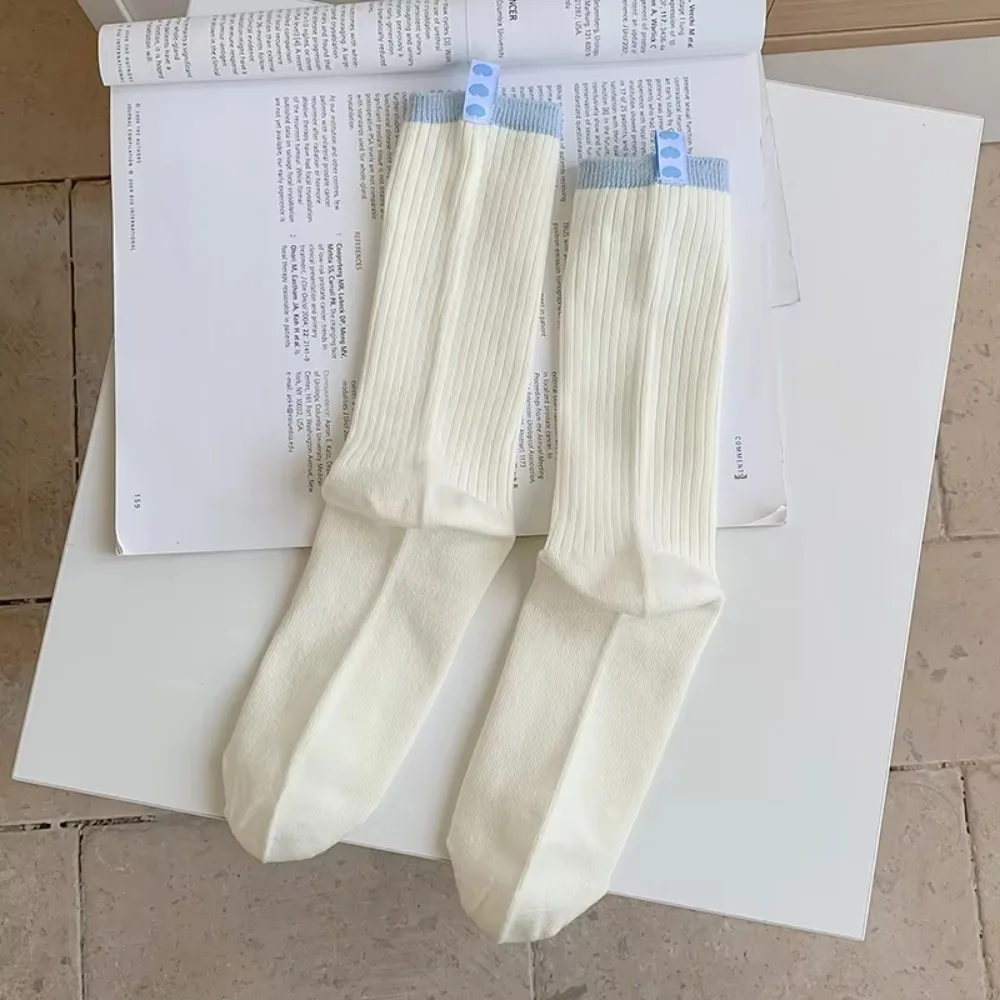 

Korean Cotton Women Socks Blue Striped Breathable Pile Socks Mixed-color Middle Tube Socks Spring and Autumn