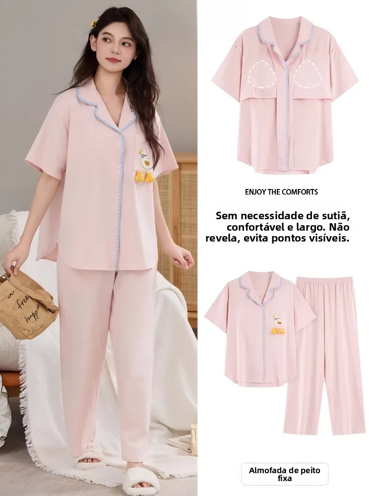 fenteng-care-women's-summer-spwear-ort-sve-long-pants-cardigan-thin-home-clothes-breast-pad-outdoor-wearable-loose-fit
