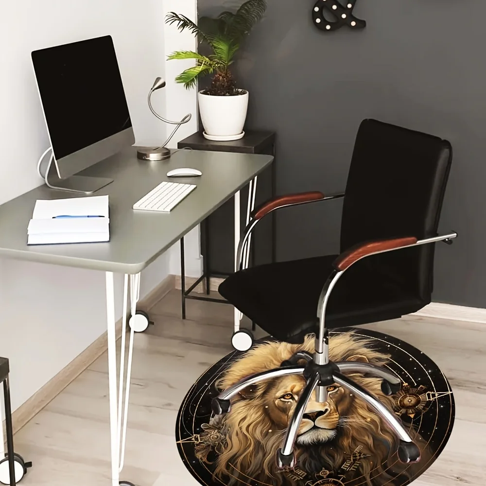 Lion Pattern Round Area Rug, Non Slip Office Chair Mat for Home Decor, Decorative Floor Carpet for Living Room and Bedroom