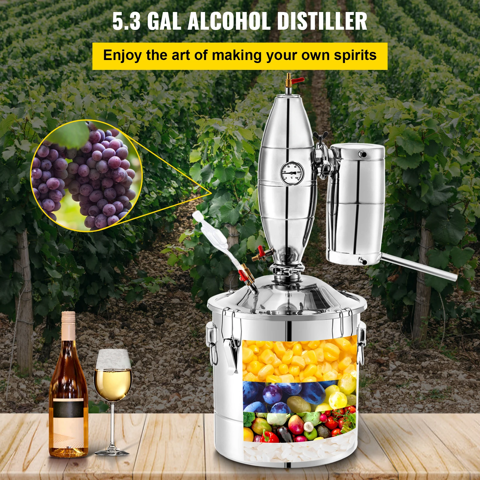 Distillateur 20L Alambic Distillation Eau Acier INOX Kit Fermenteur 5 kg Riz Cylindre Gradué 100ml Thermomètre Grand Réservoir pour Fermentation Boissons Sauce de Soja Vinaigre 30x30 cm