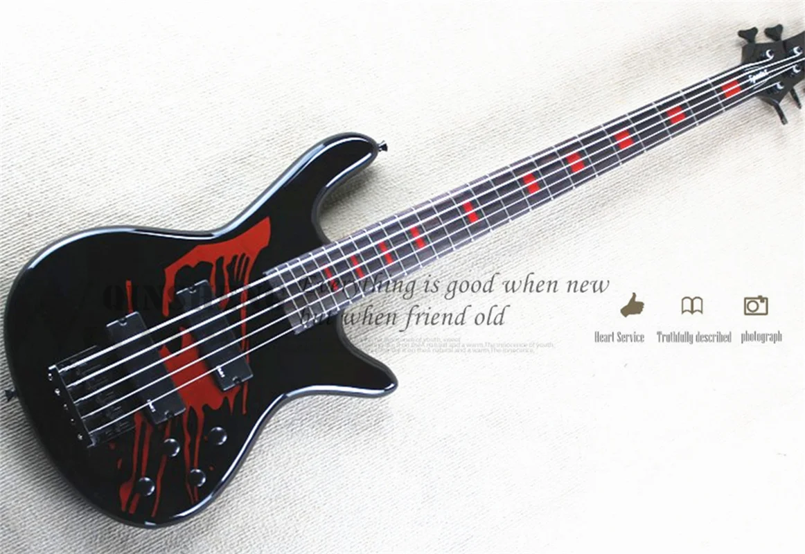 

5 String Bass Guitar Spe Black Bass Maple Neck Set In Basswood Body Red Inlay Active Battery Fixed Bridge Black Buttons