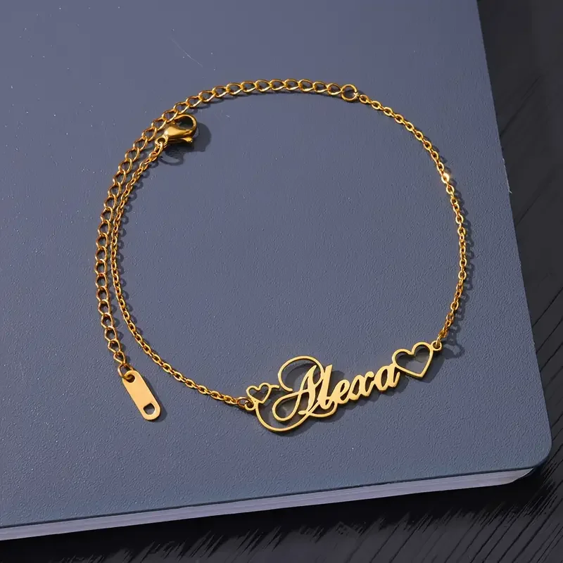 

Custom Hollow Heart Name Anklets For Women Customized Letter Nameplate Pendant Anklet Stainless Steel Jewelry Summer Beach Party