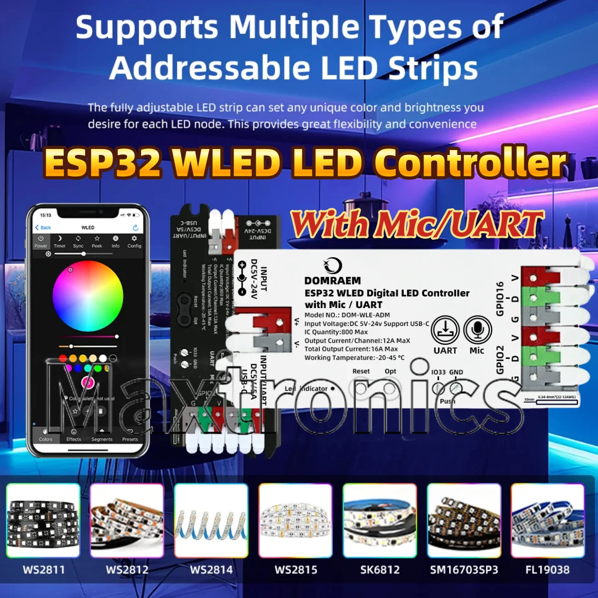 

С микрофоном UART ESP32 WLED цифровой светодиодный контроллер USB-C5V питание ~ 0,5 Вт в режиме ожидания DC5-24V 16A DIY для WS2811/12/13/14 светодиодных лент и т. д.