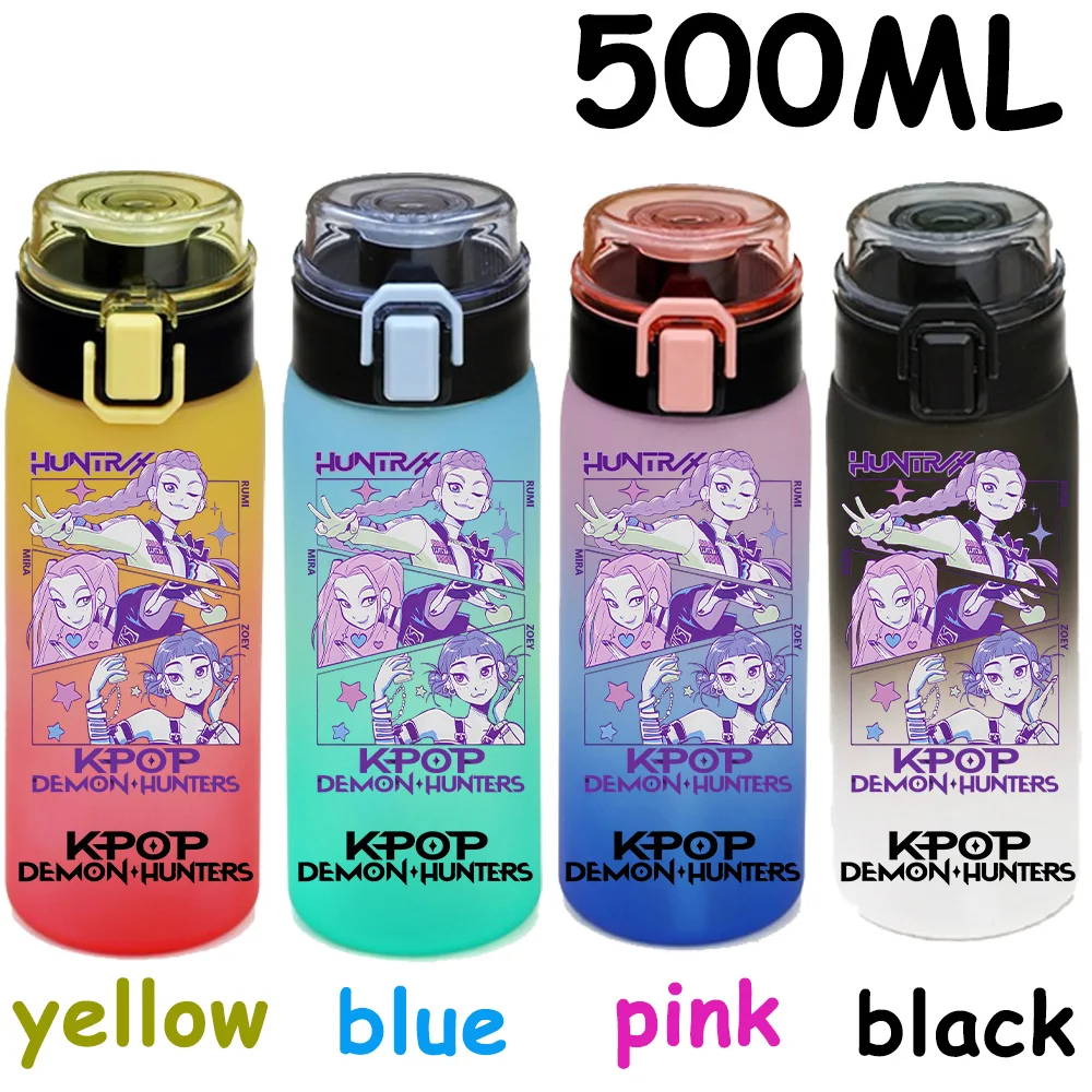 500ML K-pop Demon Hunters HUNTR X Rumi Mira Zoey Jinu Celine Kpop taza de agua de plástico K Pop botella para beber escuela Huntrix Gourde