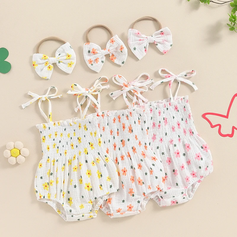 

New Summer Baby Girls Rompers Toddler Cute Sleeveless Tie Strap Floral Jumpsuit with Hairband Infant Clothing Outfits