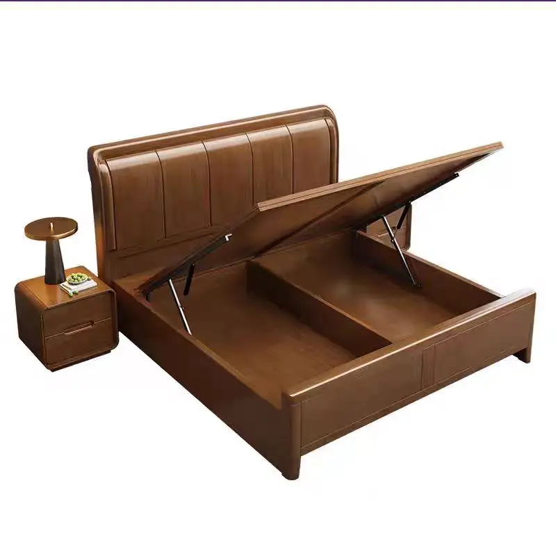 %&2025 Best Selling Queen-size King-size Storage Bed for Bedroom High Grade Solid Oak Wooden Minimalist Design Wood Bed