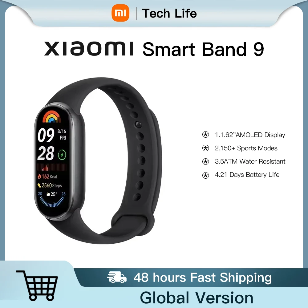 

Глобальная версия Xiaomi Smart Band 9 1,62 дюйма AMOLED-дисплей 21 день Срок службы батареи 150+ спортивных режимов Мониторинг сна MI 60 Гц Фитнес