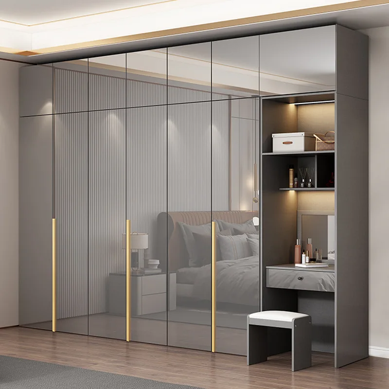 Armario ligero de lujo con mesa de maquillaje, 468 puertas, moderno, sencillo, con alto contenido de luz, 3 metros, 4 altos, 2 armarios grandes