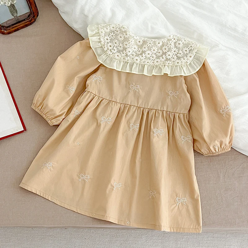 Sweet Kids Baby Girls Long Sleeve Embroidered Bow Princess Dress Autumn Baby Girls Lace Doll Collar Dress Children Clothes Dress